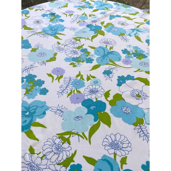 Vintage 70s fitted sheet, blue, purple, green floral, full/double size bedsheet - Picture 4 of 9